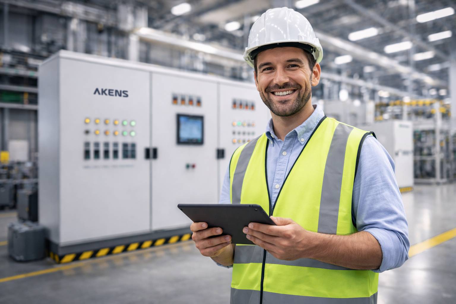 Painéis elétricos industriais Akens instalados em ambiente fabril.